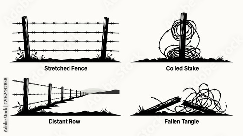 Set of hand drawn barbed wire fence illustrations.