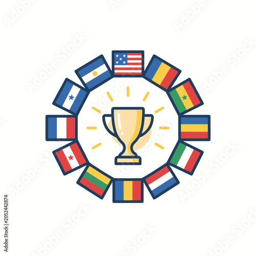 Gold trophy cup with circle of international flags.