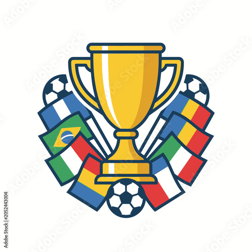 Golden soccer trophy surrounded by world flags and football.