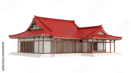 Traditional Japanese Temple Architecture with Red Curved Roof Isolated on White Background