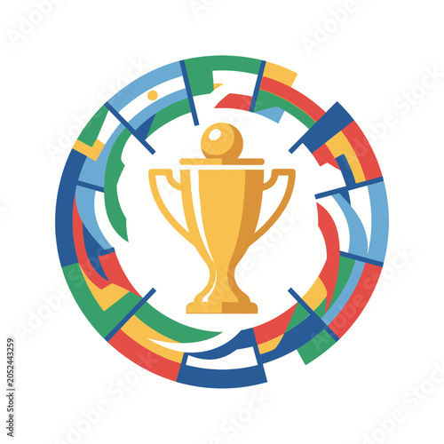 Championship gold trophy inside a circle of global flags.
