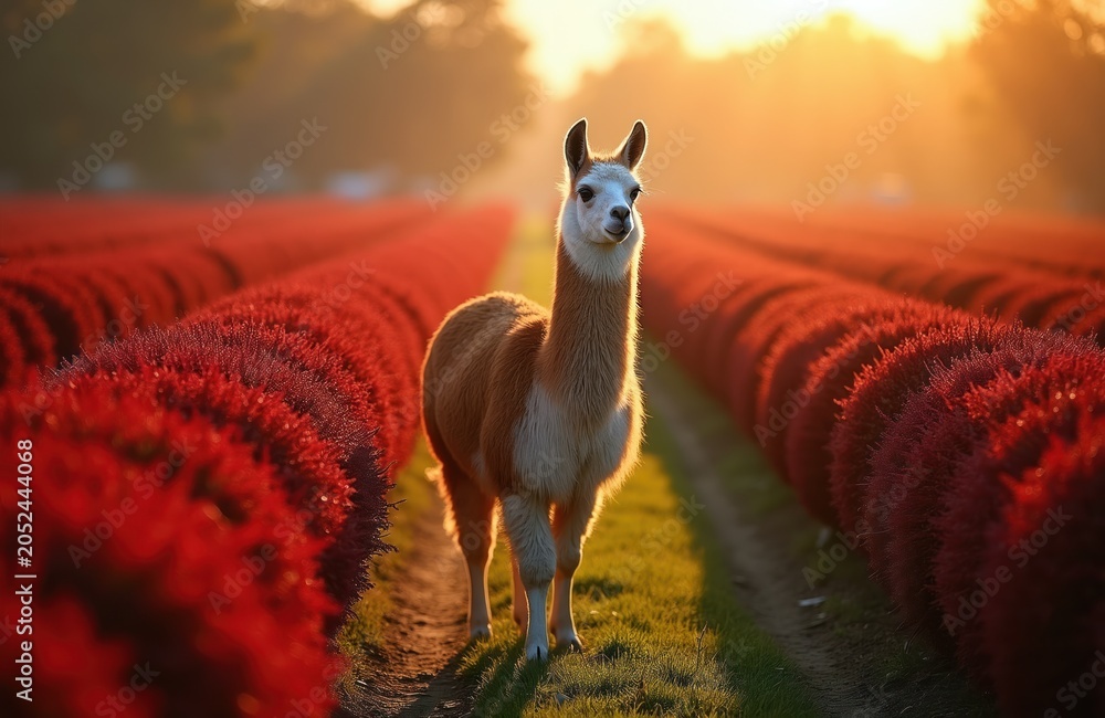 Fototapeta premium Llama stands in rows of red flowers during golden hour sunset light. Cute fluffy animal with soft fur looks at camera in open field. Warm sun illuminates natural scenery.