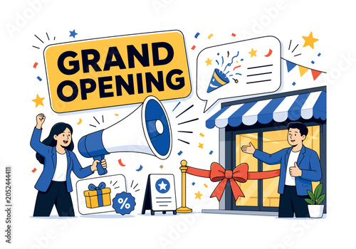 Grand Opening Megaphone. Banner scene about launch announcement with two business owners beside an oversized loudspeaker and a large grand opening speech bubble, storefront door, ribbon cut,
