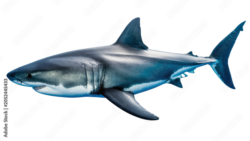 Obraz premium Great white shark swimming detailed view, white