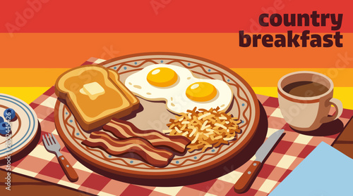 Foto country breakfast american breakfast specialty eggs bacon toast hash browns cuis
