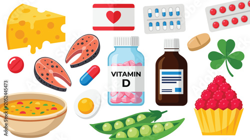Vitamin D healthcare element vector illustration set featuring supplement bottles pills capsules and natural food sources like salmon cheese and eggs