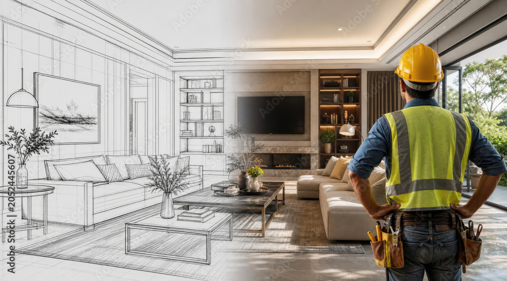 Fototapeta premium Blueprint to Reality: Modern Living Room Renovation Project