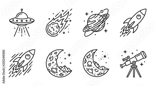 Hand drawn space exploration and astronomy icon set.
