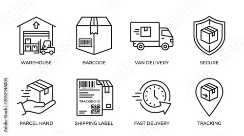 Logistics warehouse and shipping process line icons.