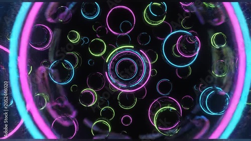 Glowing neon circles on black background.