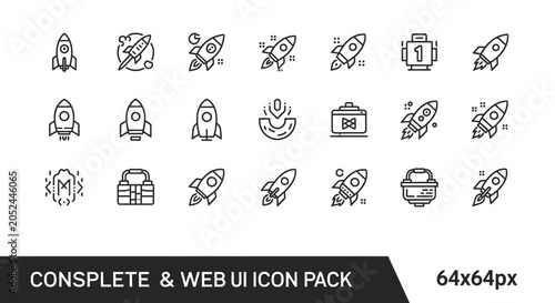 Space rocket and startup launch line icon pack.