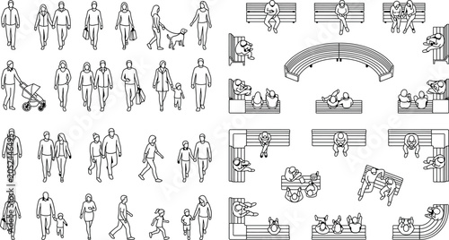 Set of people walking and sitting on benches, top view and isometric view, vector illustration isolated on white background transparent background