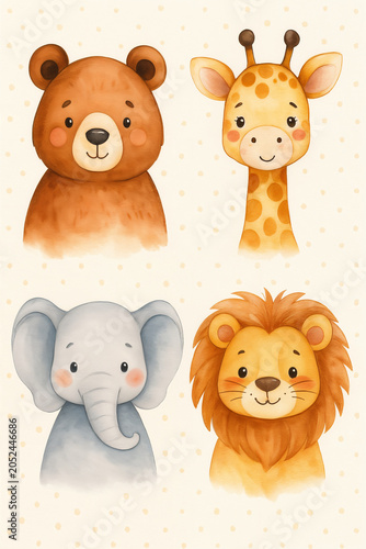 Cute Watercolor Safari Animals picture for kids' room with Bear, Giraffe, Elephant and Lion, Nursery Illustration, ai