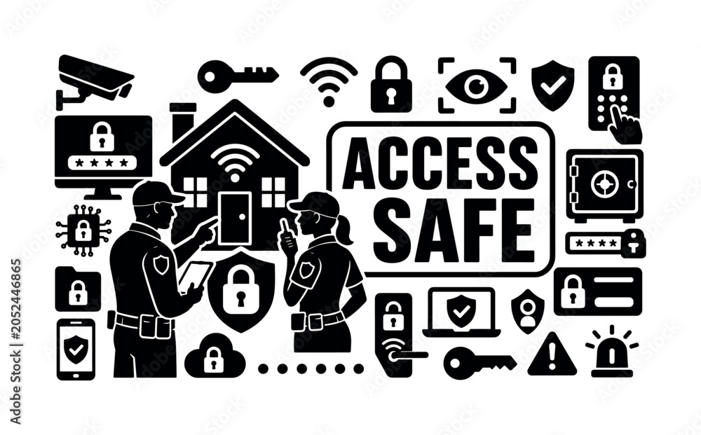 Fototapeta premium Security Guard Safety. Solid glyph stock banner of security guard cyber security password smart home safety data protection key shield lock unlock eye access: oversized guard shield and access lock