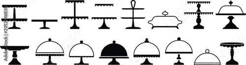 Bild auf Leinwand Black silhouette icons of cake stands and serving trays featuring tiered levels,
