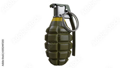 Schilderij op canvas Olive green fragmentation hand grenade with yellow band and metal ring