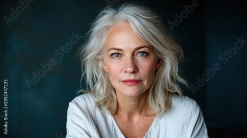 A graceful mature woman with flowing silver hair gazes thoughtfully at the camera, set against a dark background that highlights her ageless beauty and wisdom.