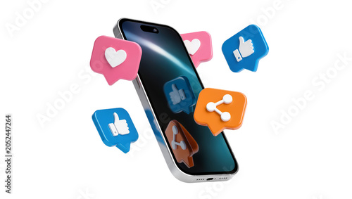 Smartphone with social media like heart, and share icons floating