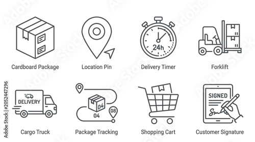 E-commerce shopping and logistics delivery line vector icon set.