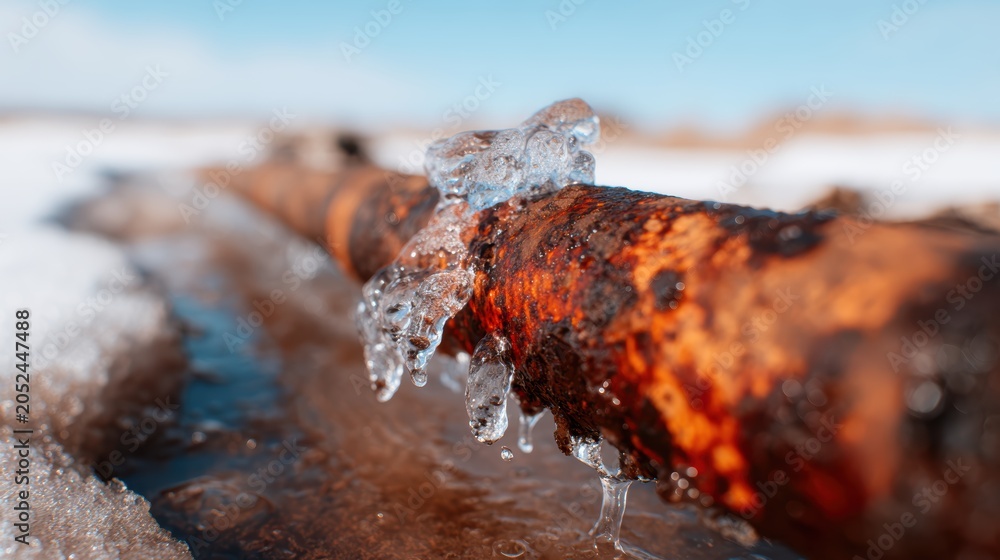 Fototapeta premium A close-up of a rusty pipe partially embedded in snow, with glistening melting ice that captures the stark contrast between decay and the beauty of winter.
