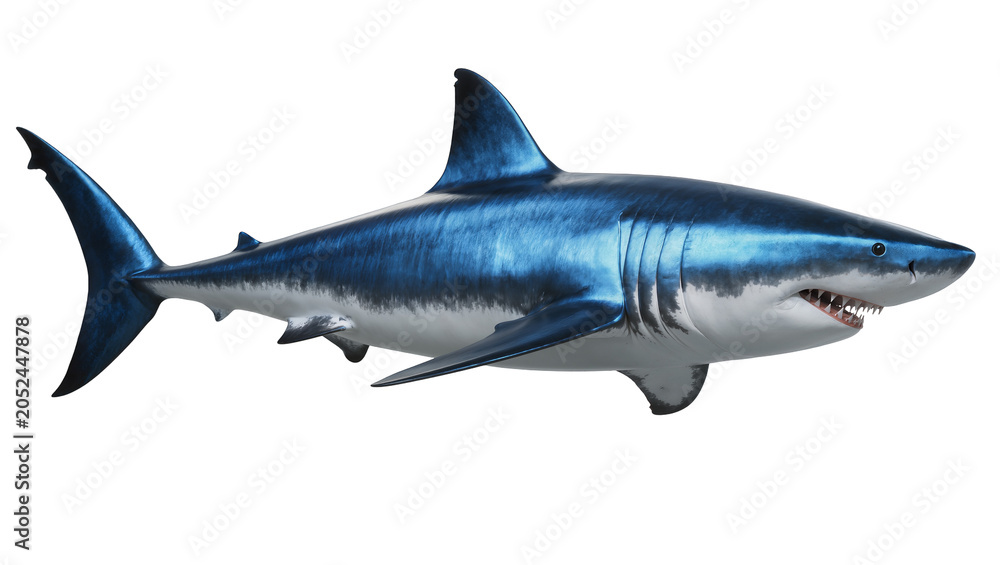 Obraz premium Great white shark side view with open mouth and sharp teeth