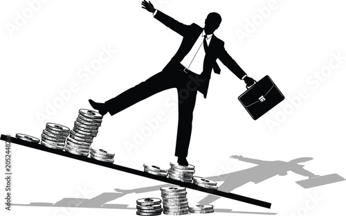Businessman balancing on stacked coins symbolizing financial risk investment challenge and economic stability vector illustration