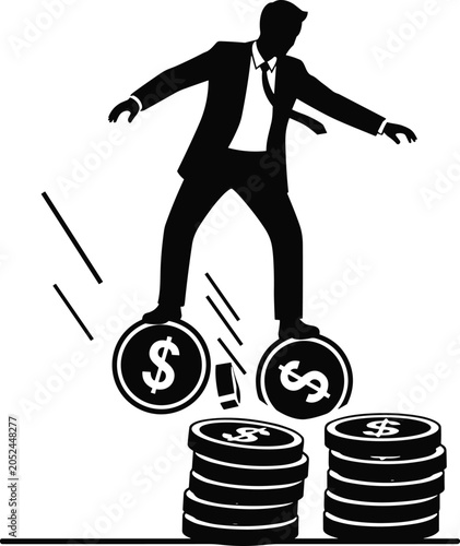 Businessman balancing on rolling dollar coins symbolizing financial risk investment instability and economic uncertainty vector illustration