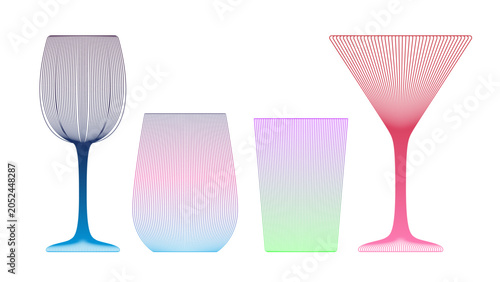 Colorful Gradient Drinkware Collection Line Art Vector Set Featuring Wine Glass Martini Glass and Tumbler.