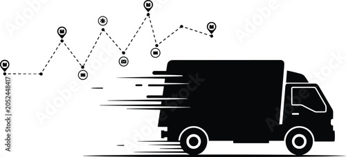 Fast delivery truck with shipment tracking route concept for logistics, courier and express transportation services