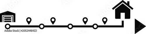 Delivery route timeline with warehouse and home icons representing shipment tracking and logistics transportation process