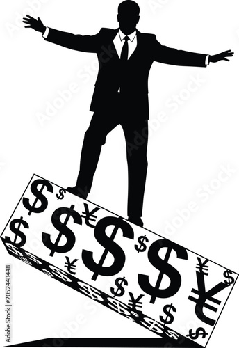 Businessman balancing on currency symbols representing global finance risk, investment uncertainty and economic instability concept