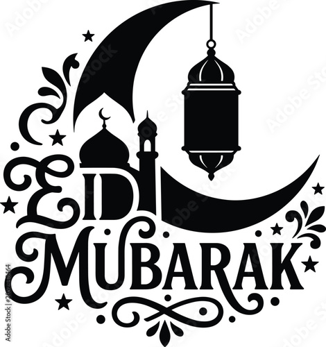 Elegant Eid Mubarak typography with crescent moon, mosque silhouette and hanging lantern Islamic celebration vector design