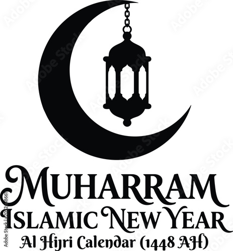 Muharram Islamic New Year greeting with crescent moon and hanging lantern silhouette vector illustration