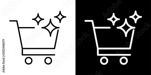 AI ecommerce icon in outline style featuring shopping cart and sparkle elements representing artificial intelligence retail, smart shopping, digital commerce, and online marketplace technology.