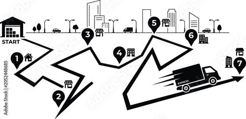 Express delivery route map with logistics tracking pins and courier truck transportation vector illustration