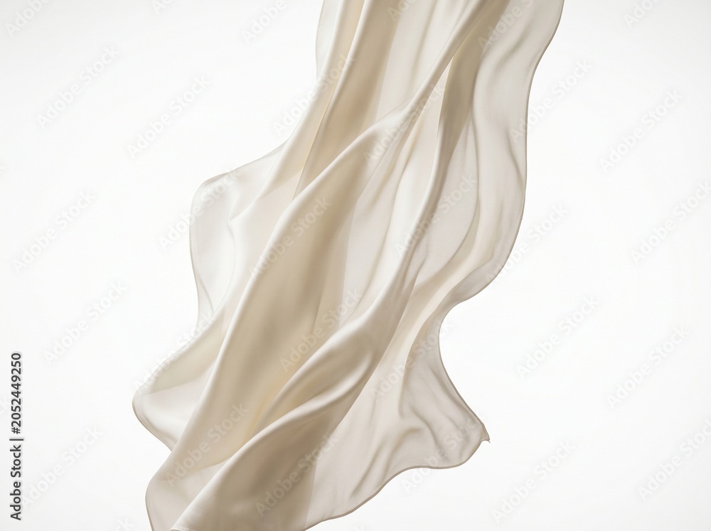 Fototapeta premium Elegant flowing ivory silk fabric with soft folds and gentle curves against a clean white background