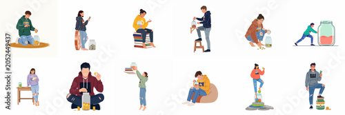 Collection of illustrations featuring young people saving money in jars, depicting financial planning, budgeting, and investment goals for the future.