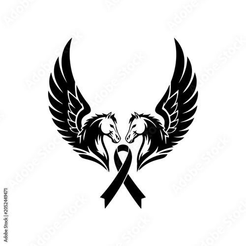 Two horse heads with wings and a ribbon