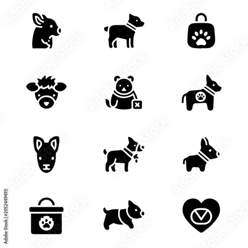 Black icons of dogs and pets on white background with heart and bag