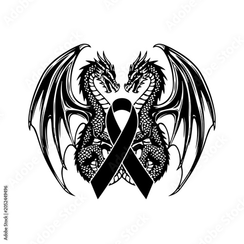 Two dragons surround a black ribbon