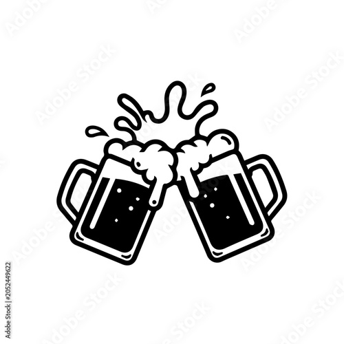 Two beer mugs clinking with foam splashing outdoors in celebration