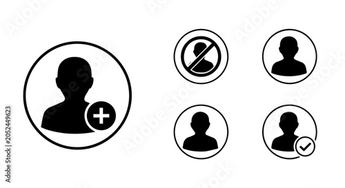 Silhouette icons of people with various symbols in circles on white background