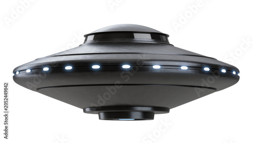 Quadro su tela Dark metallic flying saucer with blue lights