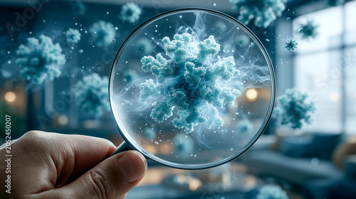 The hand holds a magnifying glass, and through the lens, a viral particle can be seen against a background of blurred, similar particles. Virology, microbiology, laboratory research, and diagnostics.