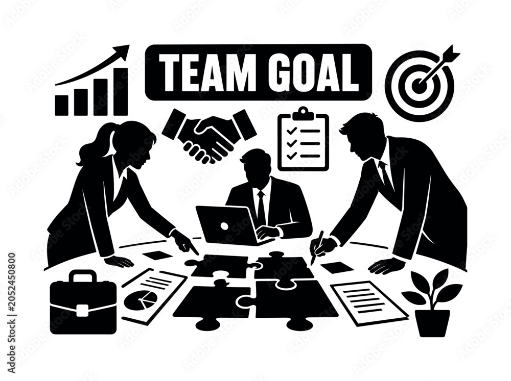 Fototapeta premium Business Team Collaboration. Banner design, clean solid filled composition showing oversized team group and giant collaboration table, three business people working together near edges, small details