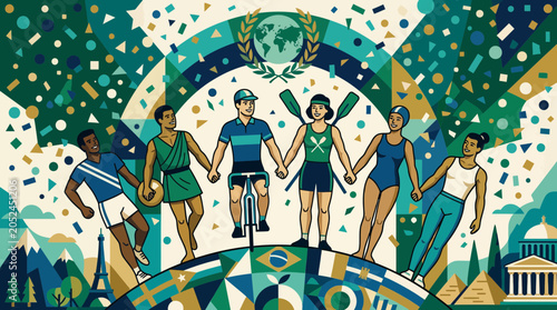 Φωτογραφία Diverse athletes celebrate global unity and sportsmanship with world map and lan