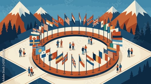Photos International Diplomacy Meeting: Diverse Flags and People in Summit Discussion