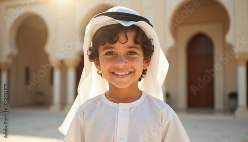Young boy smiles in traditional Emirati clothes against mosque backdrop. Child wears white kandura and ghutra  representing Arab culture and heritage. Sunny day highlights happy kid.