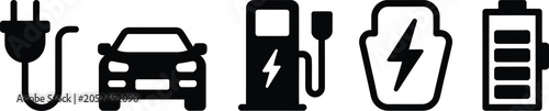 Electric vehicle charging and renewable energy power icons with electric charging lightning transport technology automobile sustainable recharge transportation infrastructure mobility