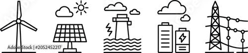 Foto Set of clean outline icons representing renewable energy sources and power infra